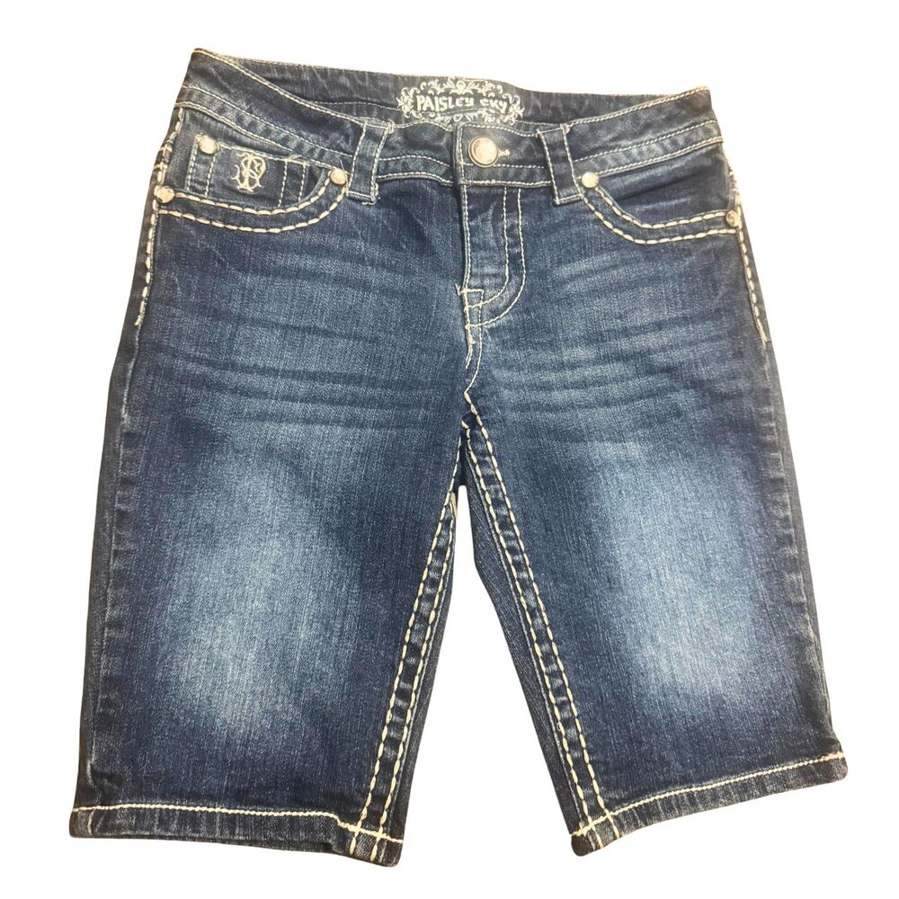 Blue Faded Denim Size 0 XS Edgy Y2K Style McBling Rocker Bedazzled Biker Shorts